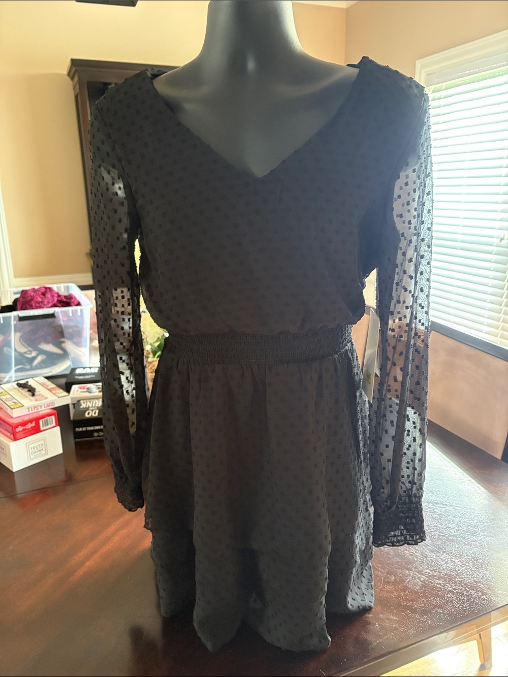 Honey and Rosie Black Swiss Dot V-Neck Long Sleeve Dress